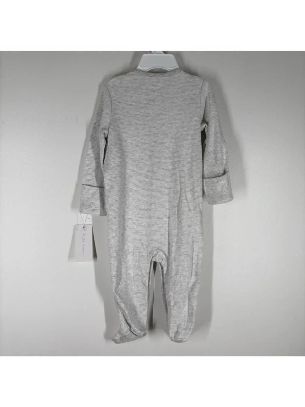 Ralph Lauren Baby Size 9M Gray White Striped Bear Cotton Footed Coverall NWT